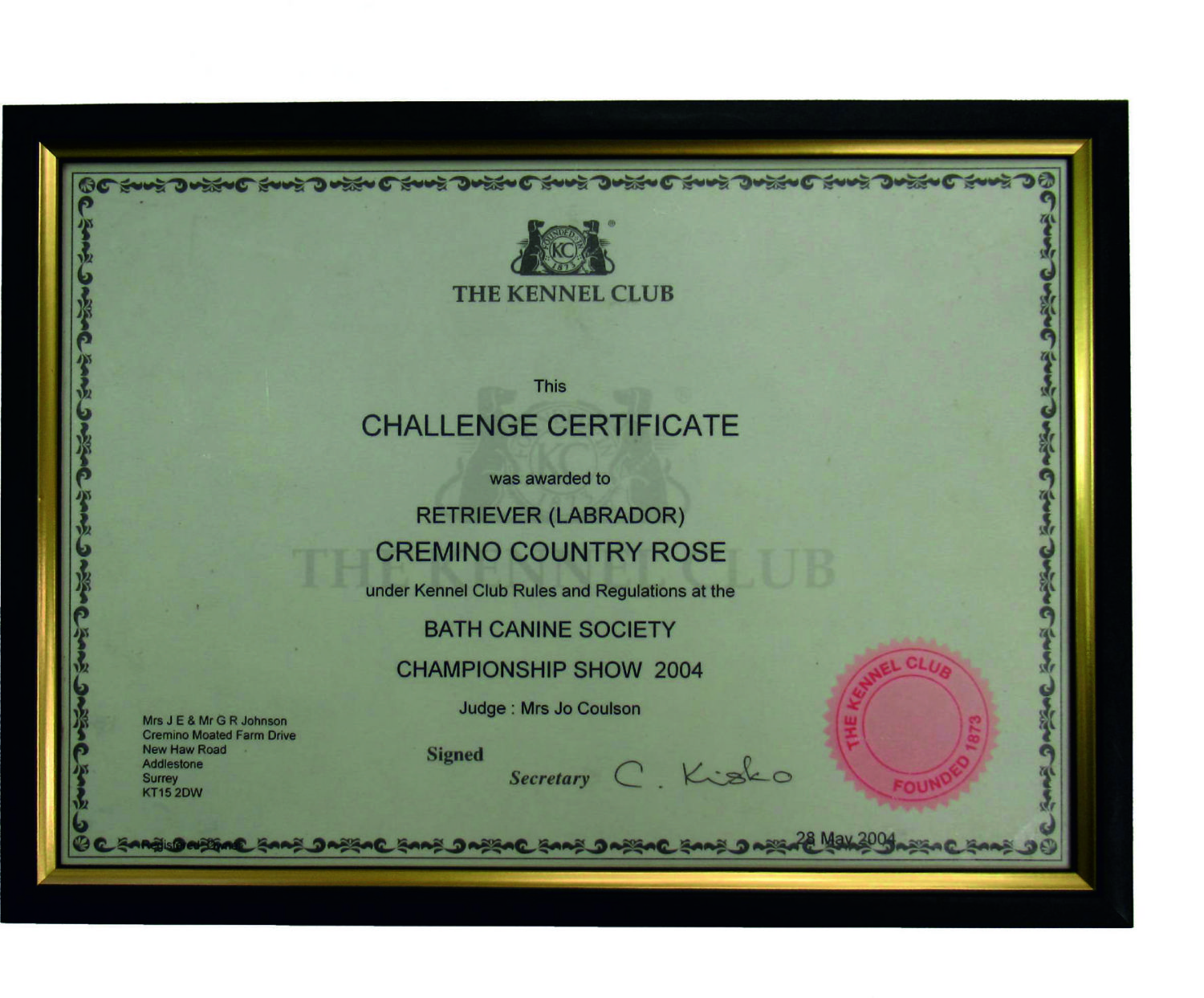 Kennel Club Certificate Frame